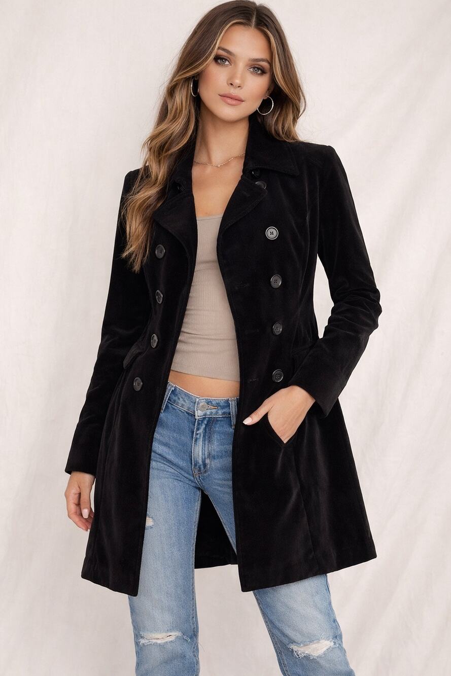 Vintage Mossimo Black Velvet Double-Breasted Y2K Trench Coat – Size S